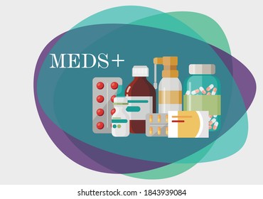 Medical concept set. Pharmacy, syringe, meds, drugs, pills, patch, emergency, health care. Web banner flat design, illustration