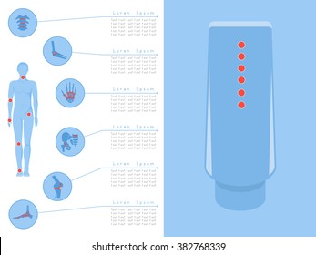 Medical concept showing the application of the cream for the treatment of tendons and joints. Six red dots on a jar of cream corresponds of the application to the six places.