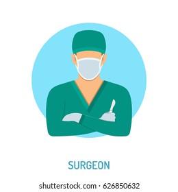 Medical Concept With Surgeon And Scalpel Flat Icons. Isolated Vector Illustration