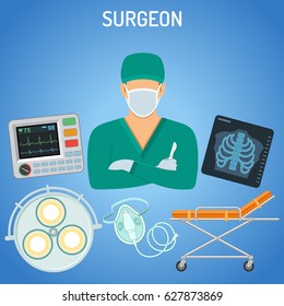 Medical Concept With Surgeon, Scalpel, X-ray And Stretcher Flat Icons. Vector Illustration