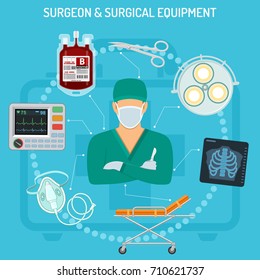 Medical Concept With Surgeon, Surgical Equipment, Scalpel, X-ray And Stretcher Flat Icons. Isolated Vector Illustration