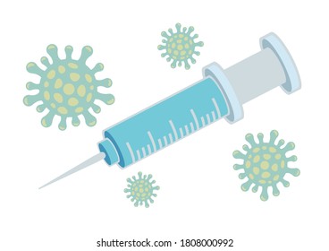 Medical concept of syringe and vaccine with Coronavirus. Flat vector illustration isolated on white background.