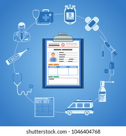 Medical Concept with two color flat icons Mediacl Record, doctor, stethoscope, syringe, cardiogram, blood container. Isolated vector illustration