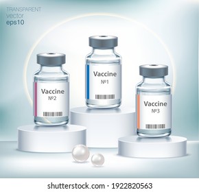 The medical concept with vaccine bottles on cylindric podium.  Transparent vector ampoule on blue background