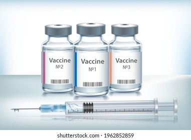 The medical concept with vaccine bottles and syringe for injection.  Transparent vector ampoule on blue background
