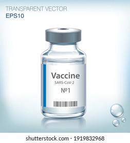 El concepto médico con botella(s) de vacuna.  Ampolla vectorial transparente sobre fondo azul