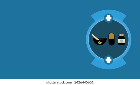 Medical concept vector banner design with medical cross sign, medicine icons, pill capsule, pill bottle icon on a blue background for advertisement, social media, web, flyer and more. 