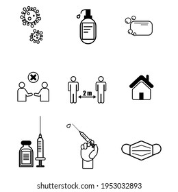 Medical concept vector icons. Web print design elements. Coronavirus flat icons. Covid 19 pandemic banner. Design elements wear mask, wash disinfect hands, keep social distance, vaccinate, stay home. 