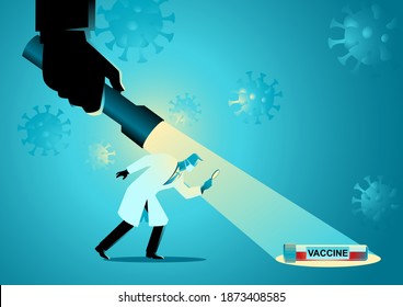 Medical concept vector illustration of medical researcher got help from giant hand who holding a giant flashlight to find a vaccine