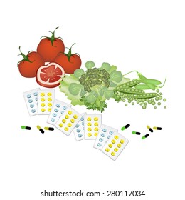 Medical Concept, Vitamine Capsules with Tomatoes, Broccoli and Garden Peas Isolated on A White Background.
