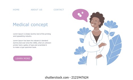 Concepto médico para la web. Pancarta plana. Una mujer, una trabajadora médica con una burbuja de habla. Doctor, cirujano, paramédico, enfermera. Personal médico amable. Aislado.