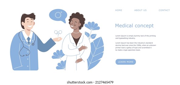 Medical concept for the web. Flat banner. Two doctors, a man and a woman, are talking about the virus and its treatment. Isolated. Vector.