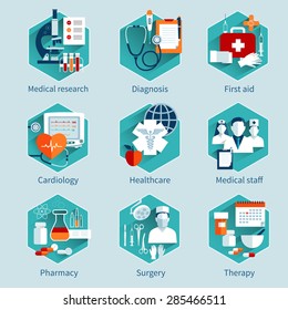 Medical concepts set with research diagnosis first aid icons isolated vector illustration