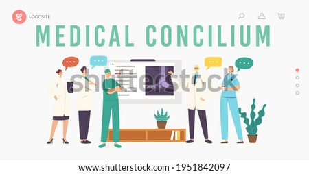 Medical Concilium Landing Page Template. Doctors in Chamber with Patient Broken Leg X-Ray on Screen, Clinic Staff Characters Discussing Limbs Xray Images on Board. Cartoon People Vector Illustration