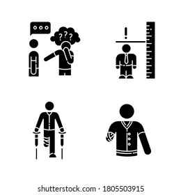 Medical condition black glyph icons set on white space. Asperger syndrome. Difficulty with social interaction. Adult with dwarfism. Leg amputee. Silhouette symbols. Vector isolated illustration