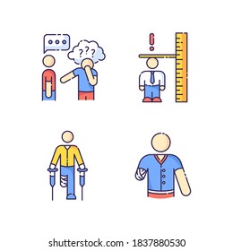 Medical condition RGB color icons set. Asperger syndrome. Difficulty with social interaction. Adult with dwarfism. Leg amputee. Arm injury. Health care problem. Isolated vector illustrations