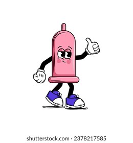 Medical condom character with face smile in groovy style. For design of medical premises, children's medical books, covers, booklets, leaflets, web, app. Vector illustration