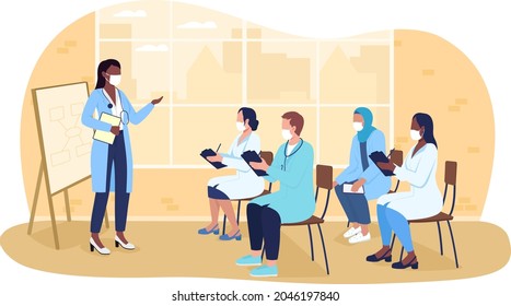 Medical conference 2D vector isolated illustration. Presentation for nurses. Professional tutor meeting with interns flat characters on cartoon background. Doctor training colourful scene