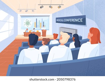 Medical Conference From Back Desk. Young Students Listening To Presentation. Biology, Viruses, Seminar, Symposium. University Lesson, Professional, Research. Cartoon Flat Vector Illustration