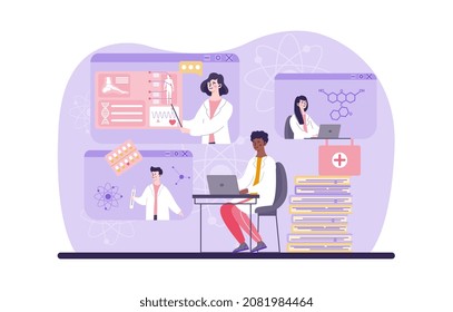 Medical conference concept. Doctors communicate via Internet, social networks, modern technologies. Characters communicate during video conference, professional webinar. Cartoon vector illustration