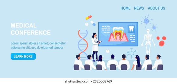 Medical conference and dentists education. Students dentist study research in stomatology science. Doctor giving speech on medicine seminar from tribune for audience. Meeting room for medics workshop