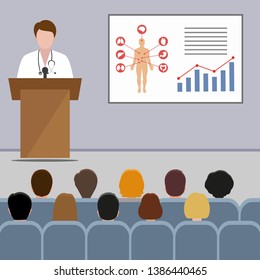 Medical Conference. Doctor Makes A Presentation To The Public In The Audience