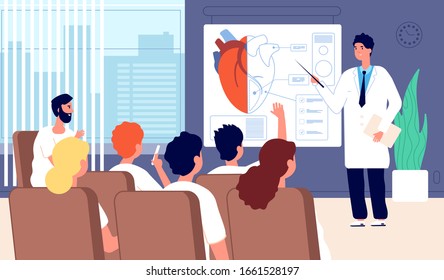 Medical Conference. Doctor Showing Heart, Physician Training. Lecture, Students Classroom Seminar. Cardiac Surgery Meeting Vector Concept