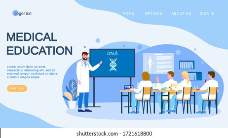 Medical conference and education about dna in clinic, vector illustration. Flat doctor study research in medicine science, landing. Team scientist student communicate in hospital office.