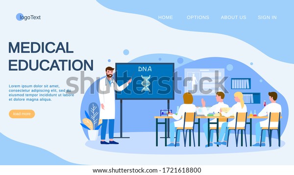 診療所でのdnaに関する医療会議と教育 ベクターイラスト フラットドクターは医学の研究 着陸に関する研究 チームサイエンティストの学生が病院のオフィスでコミュニケーションを取る のベクター画像素材 ロイヤリティフリー