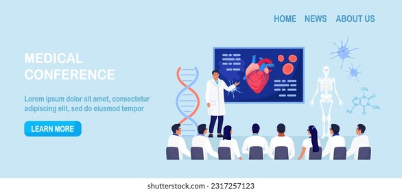 Medical conference, education. Students study research in cardiology science. Doctor giving speech on medicine seminar for audience. Scientist presenting human heart infographics at workshop training