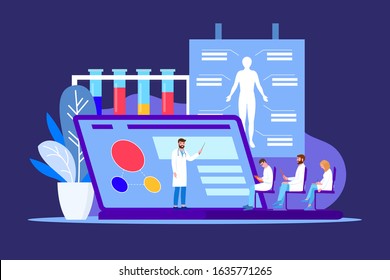 Medical conference, educational meeting of doctors scientists vector illustration. Information for training online on laptop screen. Seminar on health care, diagnosis and people treatment.