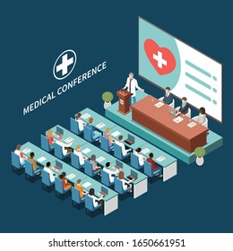 Medical Conference Hall Interior Isometric Composition Wit Speaker And Meeting Organizers On Podium Participants Background Vector Illustration  