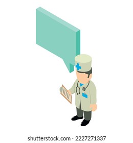 Medical conference icon isometric vector. Man doctor with clipboard reading text. Medicine and healthcare concept