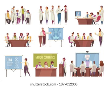 Medical conference icon set with doctors around the table listen information talk and gain new knowledge vector illustration