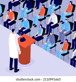 Medical conference. Medicine education seminar. Online science presentation. Healthcare training conference. Lecture classroom teamwork. Health scientist doctor. Professional team Vector illustration