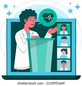 Medical Conference. Medicine Education Seminar. Online Science Presentation. Healthcare Training Conference. Lecture Classroom Teamwork. Health Scientist Doctor. Professional Team Vector Illustration