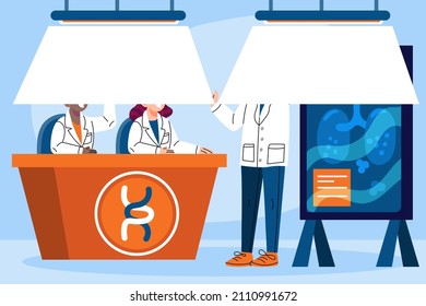 Medical conference. Medicine education seminar. Online science presentation. Healthcare training conference. Lecture classroom teamwork. Health scientist doctor. Professional team Vector illustration