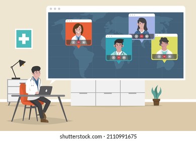 Medical Conference. Medicine Education Seminar. Online Science Presentation. Healthcare Training Conference. Lecture Classroom Teamwork. Health Scientist Doctor. Professional Team Vector Illustration