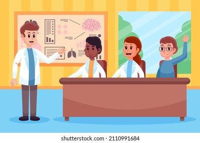 Medical conference. Medicine education seminar. Online science presentation. Healthcare training conference. Lecture classroom teamwork. Health scientist doctor. Professional team Vector illustration