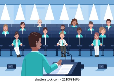 Medical conference. Medicine education seminar. Online science presentation. Healthcare training conference. Lecture classroom teamwork. Health scientist doctor. Professional team Vector illustration