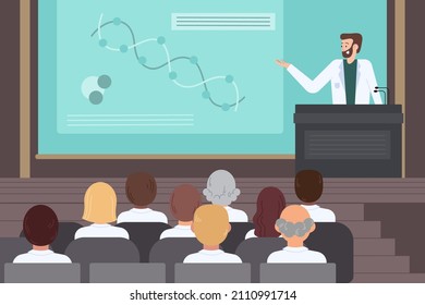 Medical conference. Medicine education seminar. Online science presentation. Healthcare training conference. Lecture classroom teamwork. Health scientist doctor. Professional team Vector illustration