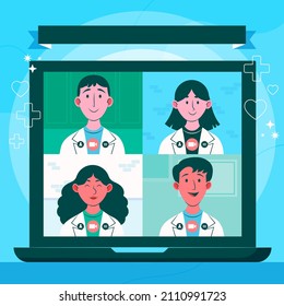 Medical conference. Medicine education seminar. Online science presentation. Healthcare training conference. Lecture classroom teamwork. Health scientist doctor. Professional team Vector illustration