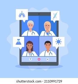 Medical conference. Medicine education seminar. Online science presentation. Healthcare training conference. Lecture classroom teamwork. Health scientist doctor. Professional team Vector illustration