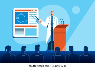 Medical conference. Medicine education seminar. Online science presentation. Healthcare training conference. Lecture classroom teamwork. Health scientist doctor. Professional team Vector illustration