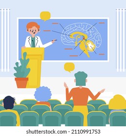 Medical conference. Medicine education seminar. Online science presentation. Healthcare training conference. Lecture classroom teamwork. Health scientist doctor. Professional team Vector illustration