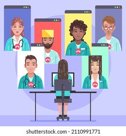 Medical conference. Medicine education seminar. Online science presentation. Healthcare training conference. Lecture classroom teamwork. Health scientist doctor. Professional team Vector illustration