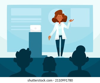 Medical conference. Medicine education seminar. Online science presentation. Healthcare training conference. Lecture classroom teamwork. Health scientist doctor. Professional team Vector illustration