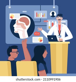 Medical conference. Medicine education seminar. Online science presentation. Healthcare training conference. Lecture classroom teamwork. Health scientist doctor. Professional team Vector illustration