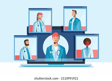 Medical Conference. Medicine Education Seminar. Online Science Presentation. Healthcare Training Conference. Lecture Classroom Teamwork. Health Scientist Doctor. Professional Team Vector Illustration