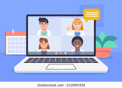 Medical conference. Medicine education seminar. Online science presentation. Healthcare training conference. Lecture classroom teamwork. Health scientist doctor. Professional team Vector illustration
